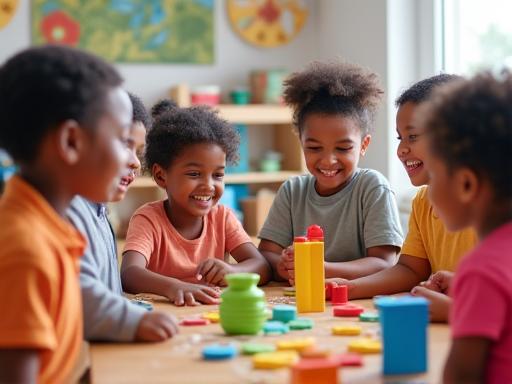 Preschool children gathered around a table with educational toys from Little Explorers Co.