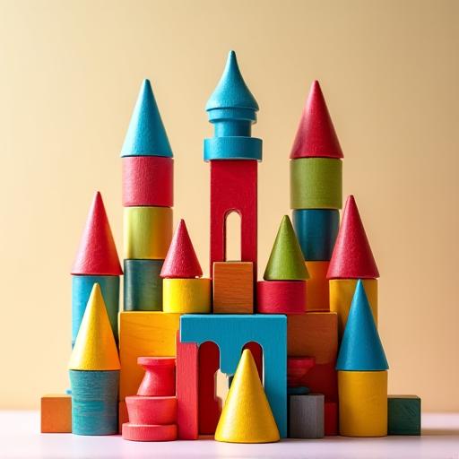 An intricate castle made from colourful wooden blocks.