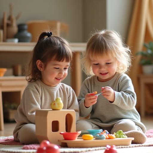 Two children playing with a wooden toy kitchen set.