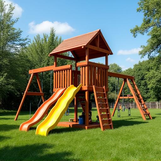 A sturdy wooden swing set in a grassy backyard.