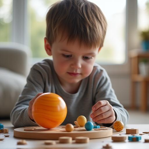 A child assembling a wooden model of the solar system.
