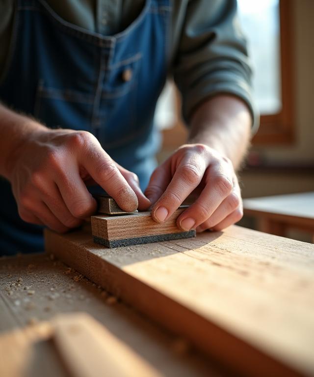 Close-up of a craftsman sanding a piece of sustainably sourced wood in a workshop.